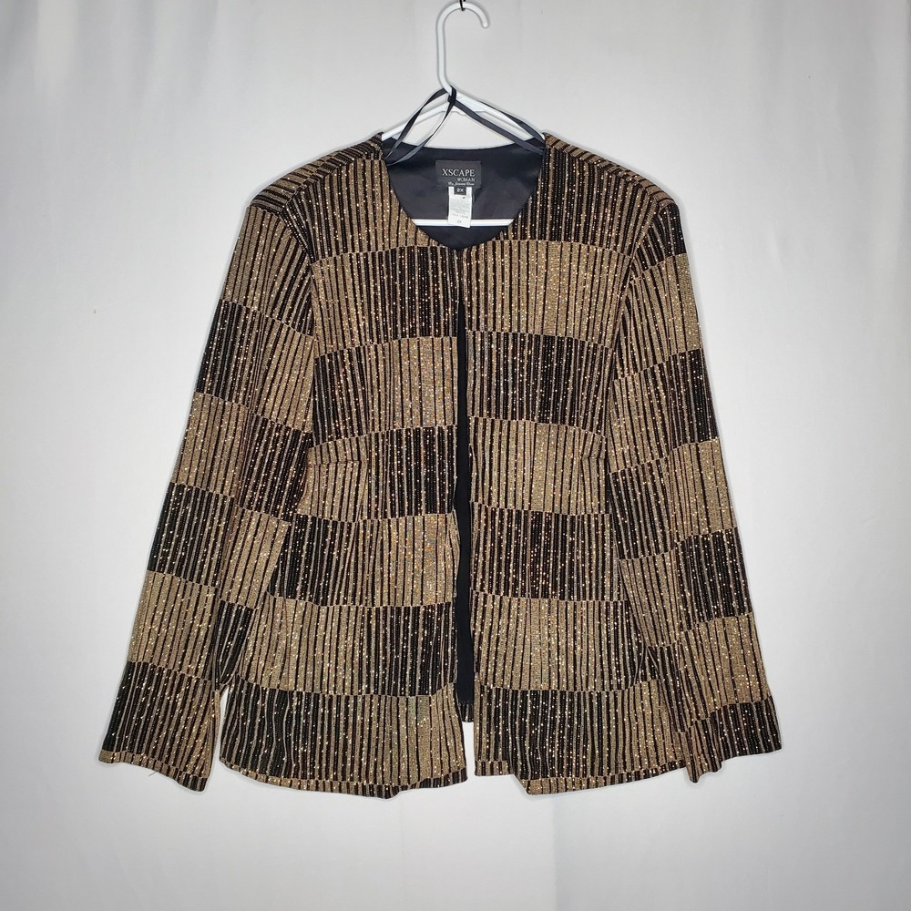 Xscape‎ Party Blazer Tank Set Womens 2X Black Gold Metallic Slinky Stripe Block
